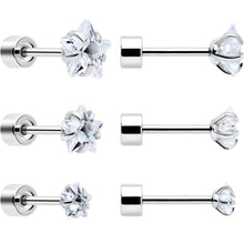 Clear Star CZ Flat Back Stud Earrings - 3 Pairs