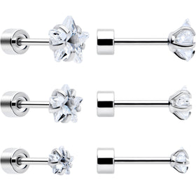 Clear Star CZ Flat Back Stud Earrings - 3 Pairs