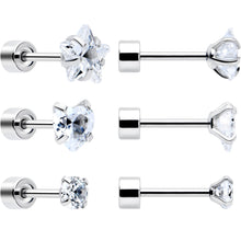 Clear Simplistic Heart Star CZ Flat Back Stud Earrings - 3 Pairs