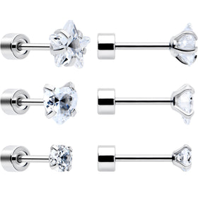 Clear Simplistic Heart Star CZ Flat Back Stud Earrings - 3 Pairs