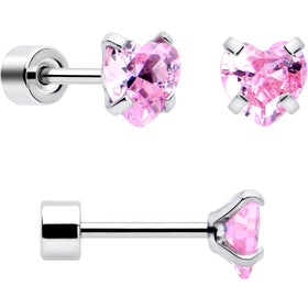 Pink Simplistic Heart Star CZ Flat Back Stud Earrings - 3 Pairs