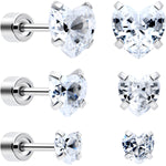 Clear Heart CZ Flat Back Stud Earrings - 3 Pairs