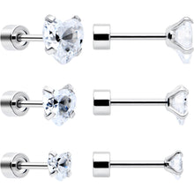 Clear Heart CZ Flat Back Stud Earrings - 3 Pairs