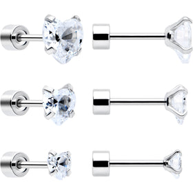 Clear Heart CZ Flat Back Stud Earrings - 3 Pairs
