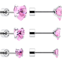 Pink Heart CZ Flat Back Stud Earrings - 3 Pairs