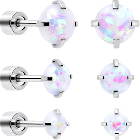 White Synthetic Opal Flat Back Stud Earrings - 3 Pairs