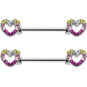 14G 9/16 Romance Gem Open Heart Barbell Nipple Ring Set
