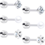 20G Clear Gem White Orb Flatback Earring Set of 6
