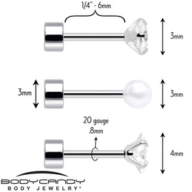 20G Clear Gem White Orb Flatback Earring Set of 6