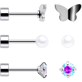 20G Aurora Gem White Orb Butterfly Flatback Earring Set of 6