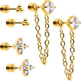 20G Clear Gem Gold Tone Ball Chain Dangle Flatback Earring Set of 6
