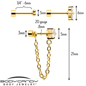 20G Clear Gem Gold Tone Ball Chain Dangle Flatback Earring Set of 6
