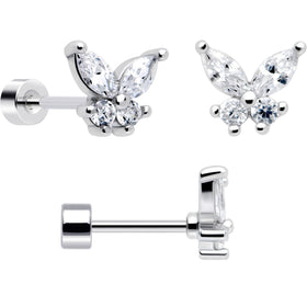 20G Clear Gem White Orb Butterfly Flatback Earring Set of 6