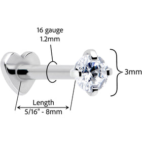 16G 5/16 Clear CZ Implant Grade Titanium Threadless Reversible Heart Flatback Stud
