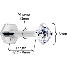 16G 5/16 Clear Gem Implant Grade Titanium Threadless Reversible Hex Flatback Stud