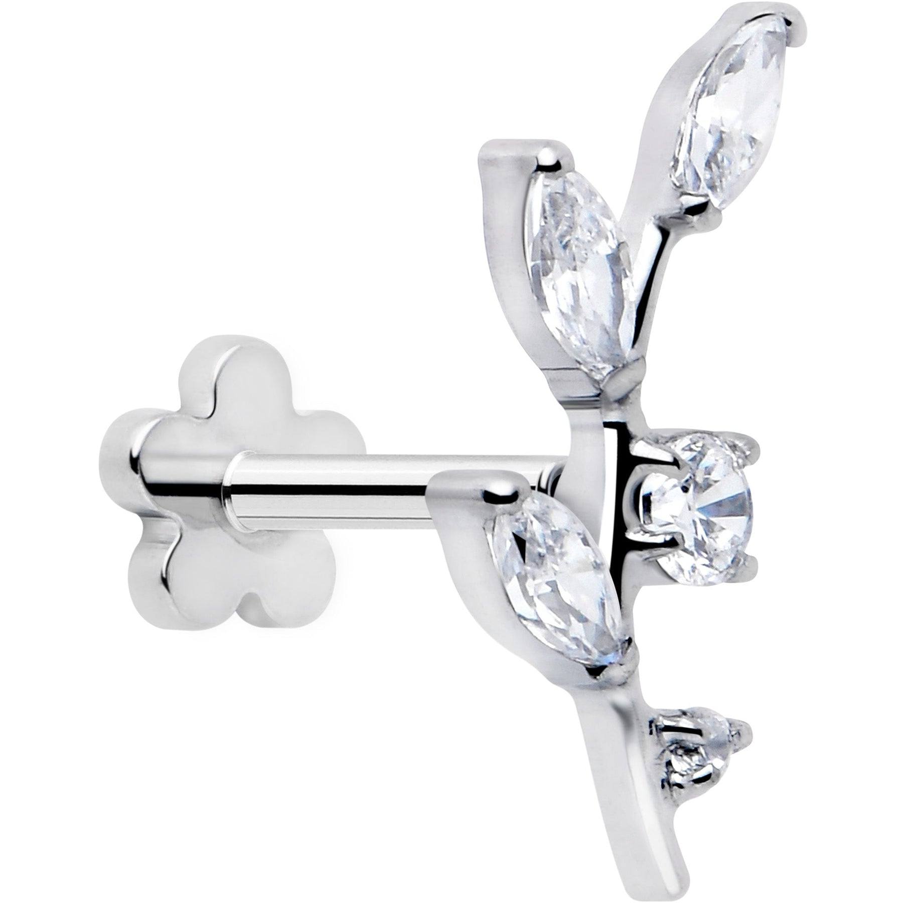 18G 1/4 Clear Gem Implant Grade Titanium Leaves Threadless Flatback Stud