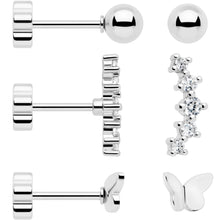 20G CZ Gem Ball Arch Butterfly Reversible Flower Flat Back Earring Set of 6
