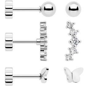 20G CZ Gem Ball Arch Butterfly Reversible Flower Flat Back Earring Set of 6