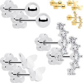20G CZ Gem Ball Arch Butterfly Reversible Flower Flat Back Earring Set of 6