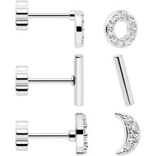20G Clear CZ Gem Moon Circle Bar Reversible Flower Flat Back Earring Set of 6