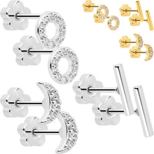 20G Clear CZ Gem Moon Circle Bar Reversible Flower Flat Back Earring Set of 6