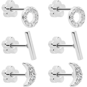 20G Clear CZ Gem Moon Circle Bar Reversible Flower Flat Back Earring Set of 6