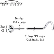 20G 3mm CZ Bezel Set Push-In Threadless Nose Screw Nose Ring
