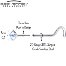 20G 3mm CZ Prong Set Push-In Threadless Nose Screw Nose Ring