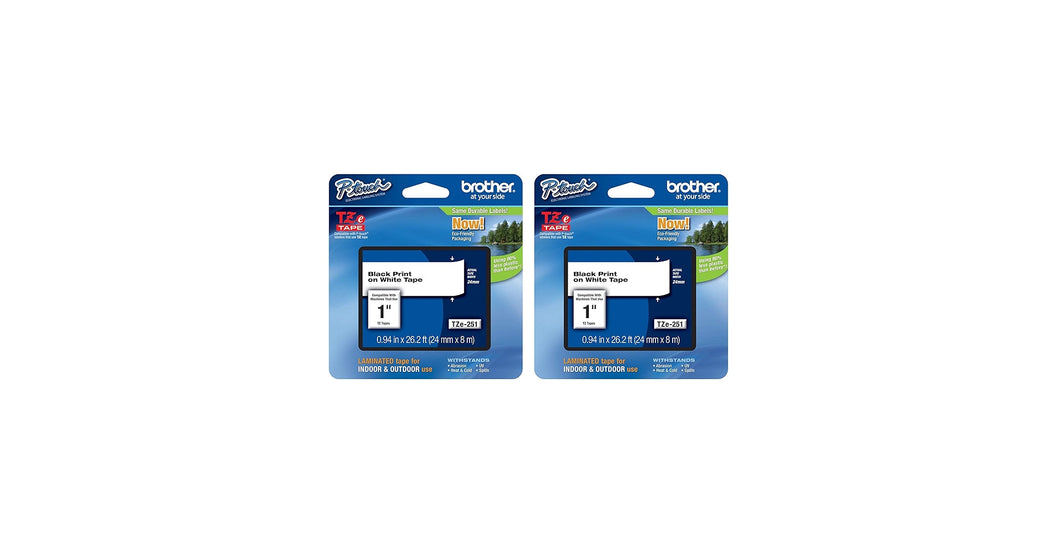 New, Pre-owned, Brother P-Touch TZe-251 Laminated Tape, Black Print on White Standard Adhesive Laminated Tape for P-Touch Label Makers, Each Roll is 0.94