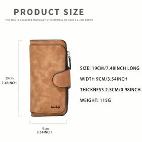 Vintage Faux Leather Long Wallet – Trifold Credit Card Holder with Snap & Zipper