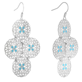 Silver Turquoise Color Round Filigree Dangle Earrings
