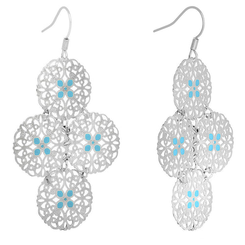 Silver Turquoise Color Round Filigree Dangle Earrings