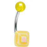Yellow Neon and Pink Squares J Barbell Belly Ring