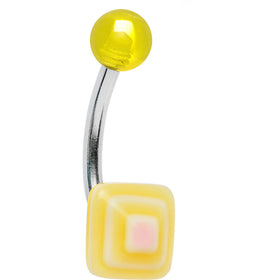 Yellow Neon and Pink Squares J Barbell Belly Ring
