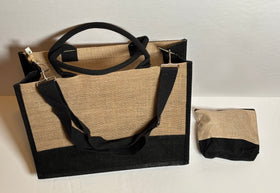 Burlap Tote + Accessory Bag Set