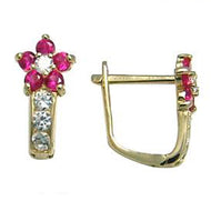 14k Yellow Gold Dark Pink and Clear Cubic Zirconia Flower Earrings