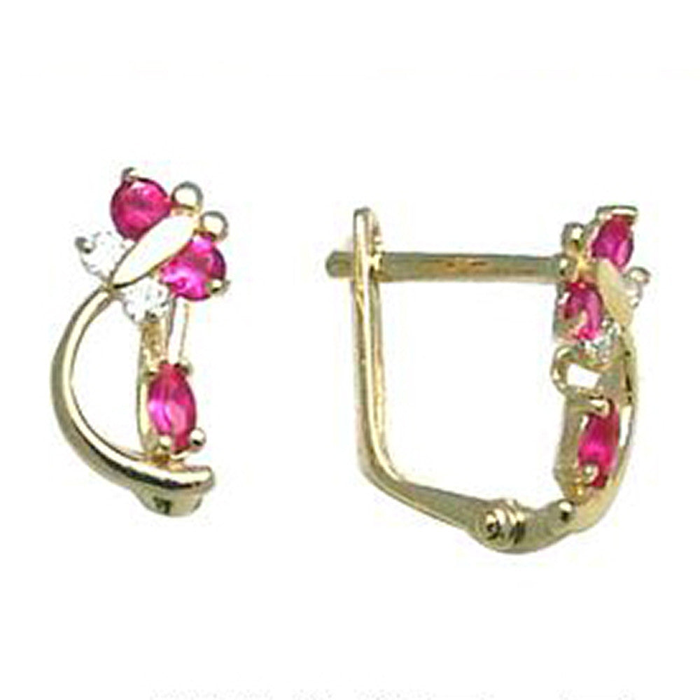 14k Yellow Gold Hot Pink Cubic Zirconia Dragonfly Earrings