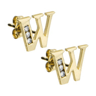 14k Yellow Gold CZ Initial W Stud Earrings