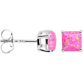 6mm Pink Square Sterling Silver Synthetic Opal Stud Earrings