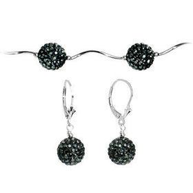 Sterling Silver Jet Crystal Ball Drop Necklace and Earring Set