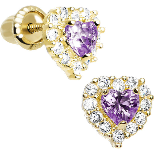 14k Yellow Gold Heart CZ February Birthstone Youth Screwback Earrings