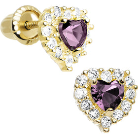 14k Yellow Gold Heart CZ June Birthstone Youth Screwback Earrings
