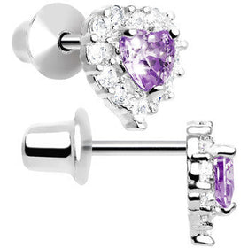 Sterling Silver Heart CZ February Birthstone Youth Screwback Earrings