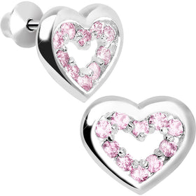 .925 Sterling Silver October CZ Open Heart Youth Screwback Earrings