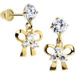 14K Yellow Gold CZ Bow Dangle Youth Screwback Earrings