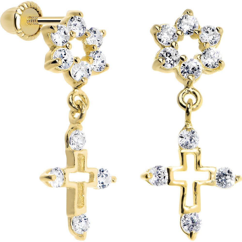 14K Yellow Gold Clear CZ Flower Cross Dangle Youth Earrings