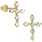 14K Yellow Gold Clear CZ 10mm Cross Youth Screwback Earrings