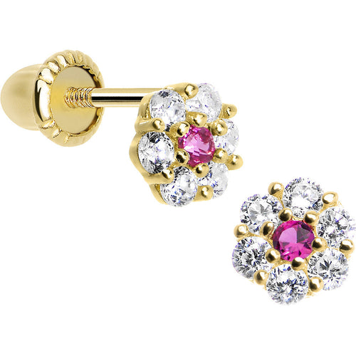 14K Yellow Gold January Birthstone Flower Youth Screwback Earrings
