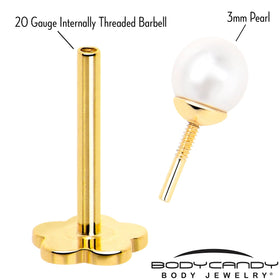 14k Yellow Gold Flat Back Earring 20G 3mm Faux Pearl Floral Reversible