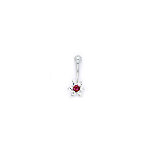16G Solid 14k White Gold Clear Red Cubic Zirconia Flower Belly Ring